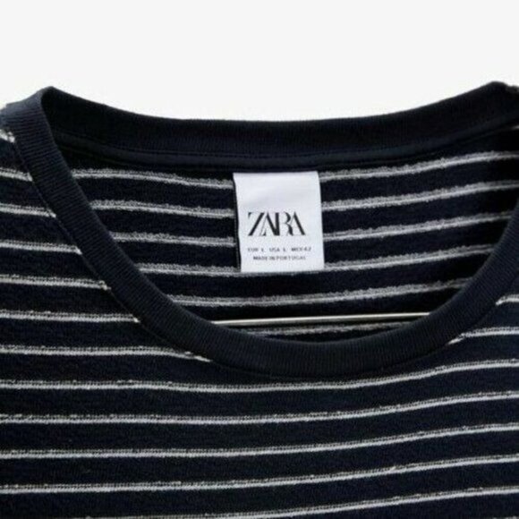 Zara MEN STRIPED ROUND NECK T-SHIRT NAVY/WHITE short s 90%cotton New - Picture 10 of 11